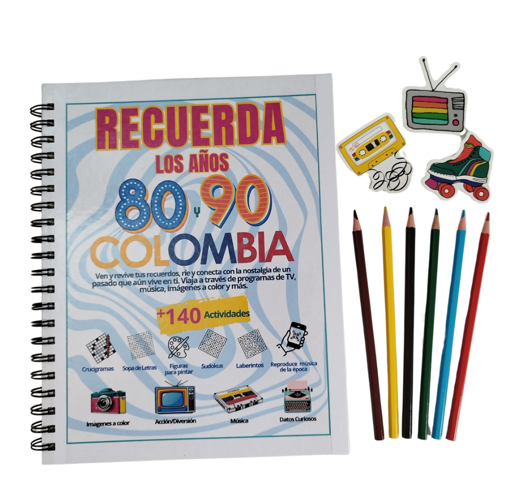 Portada del libro recuerda los años 80 y 90 Colombia con mas de 140 actividades como sopas de letras, crucigramas, música (Reproducir con QR), imágenes a color, dibujos para pintar, encontrar parejas, laberintos y datos curiosos. Actividades para viajar en los buenos recuerdos y nostalgia por esos años.