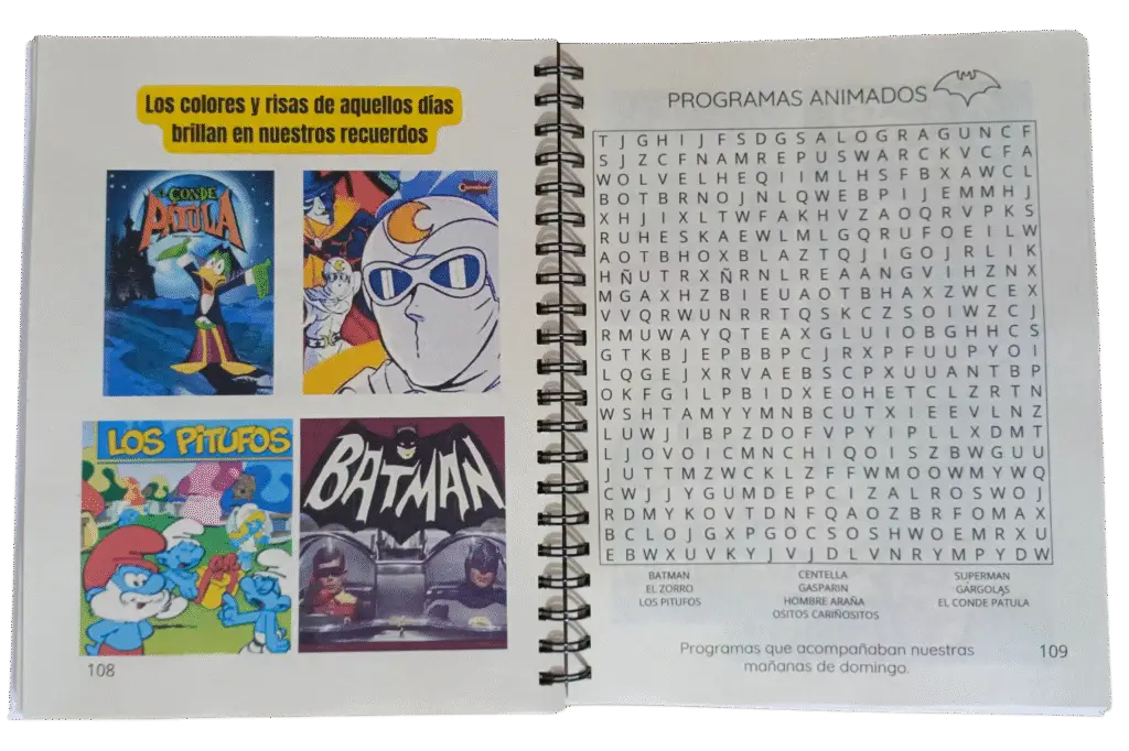 pagina-libro-recuerdos-actividades-adulto-nostalgia-retro-colombia-80s-90s-actividad-sopa-letras-programas-animados-tv-infancia-batman-pitufos-conde-patula-centella-mazinger-infancia-juventud