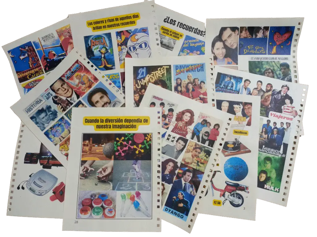 ilustraciones-libro-nostalgia-retro-colombia-80s-90s-collage-recuerdos-infancia-novelas-series-televisión-películas-música-juguetes-imágenes-portadas-albumes-dibujos-animados-musicales