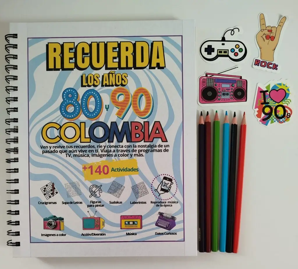 portada-libro-pasatiempos-regalo-especial-original-detalle- sorpresa -recuerda-colombia-80s-90s-actividades-crucigramas-sopa-letras-sudokus-musica-colores-calcomanias-hombre-mujer-adulto-actividades-ideas-amor-amistad-navidad-cumpleaños-aniversario